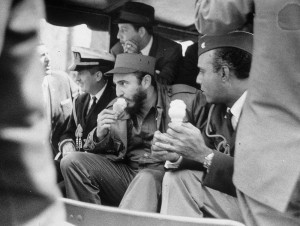 Cuban president Fidel Castro eats an ice cream cone as he rides in the Bronx Zoo train, New York City, April 2. 1959. (Photo by Meyer Liebowitz/Getty Images)